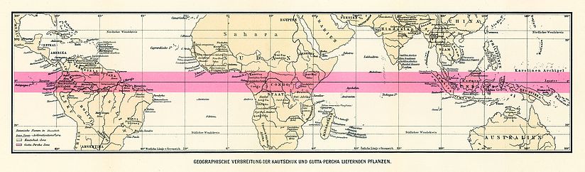 Weltkarte von Franz Clouth zeigt die Regionen, in denen Kautschuk und Guttapercha vorkommen.
