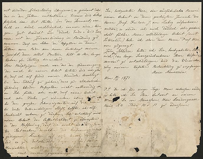 Handschriftlicher Brief von Marie Manassein an Emil Erlenmeyer.