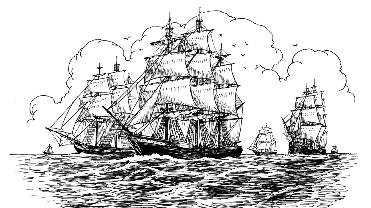 Zeichnung einer Walfangflotte.