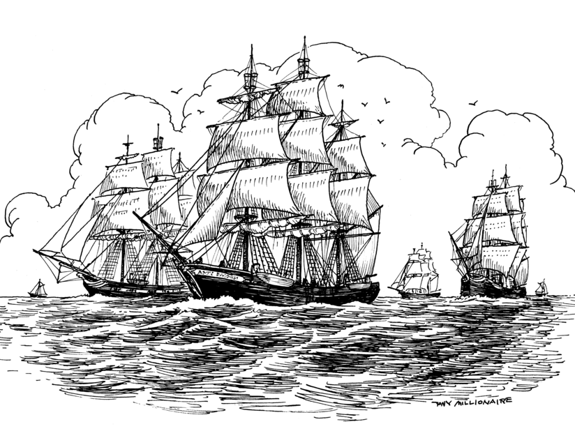 Whalin fleet Tony Millionaire Zeichnung einer Walfangflotte.