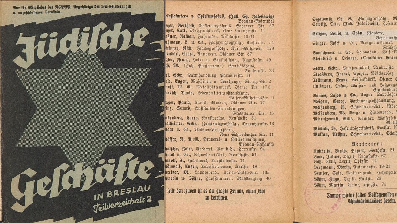 Broschüre: NSDAP, Gauleitung Schlesien: Jüdische Geschäfte in Breslau. Teilverzeichnis 2. Breslau 1937.