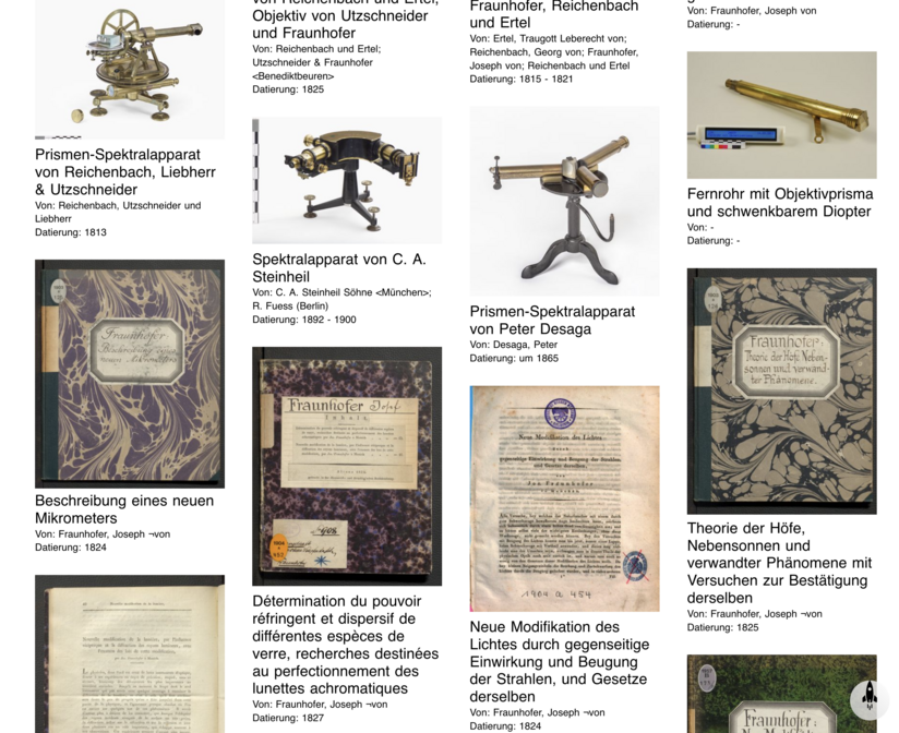 Screenshot einer Suche im Deutschen Museum Digital zu "Fraunhofer".