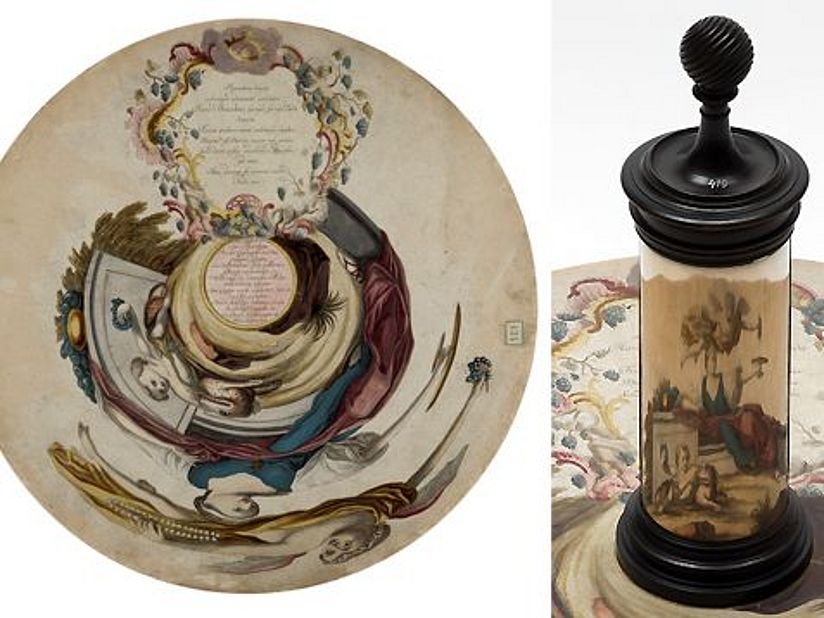 Collage Anamorphose und Zylinderspiegel.