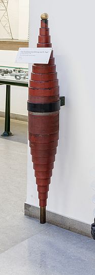 An Ausstellungswand befestigter Kondensator von 1905, Höhe ca. 1m, kupferfarbener Elipsen-förmiger Körper