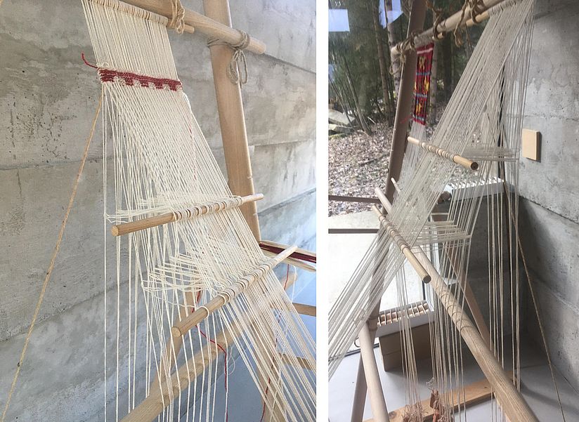 Einrichtung des Gewichtswebstuhls für Taqueté.