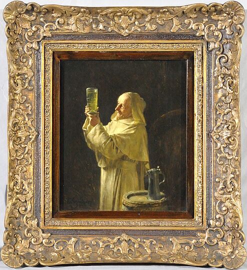 Foto des Gemäldes "Die Weinprüfung" von Eduard Grützner, Öl auf Holztafel 1889. Deutsches Museum, Inventar-Nr. 1995-205.