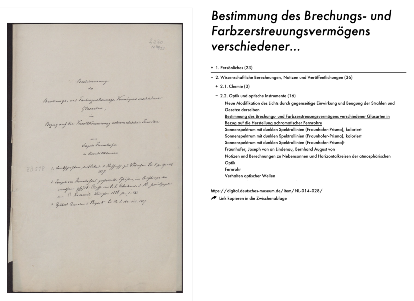 Screenshot der Seite über "Die Berechnungen zu optischen Gläsern von Joseph von Fraunhofer." im Deutschen Museum Digital mit Foto und Beschreibung.