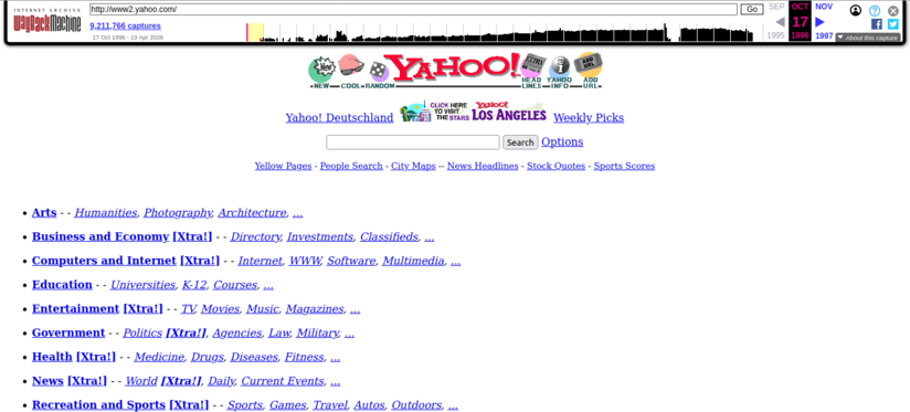 Screenshot der Yahoo!-Startseite von 1996 archiviert im Wayback Machine mit klassischem Yahoo!-Logo, Suchfeld und Textlinks zu Kategorien wie Arts, Business and Economy, Computers and Internet, Education, Entertainment, Government, Health und News; obere Leiste zeigt Wayback Machine URL-Leiste, Datum (17 Okt 1996) und Zeitverlaufsdiagramm.