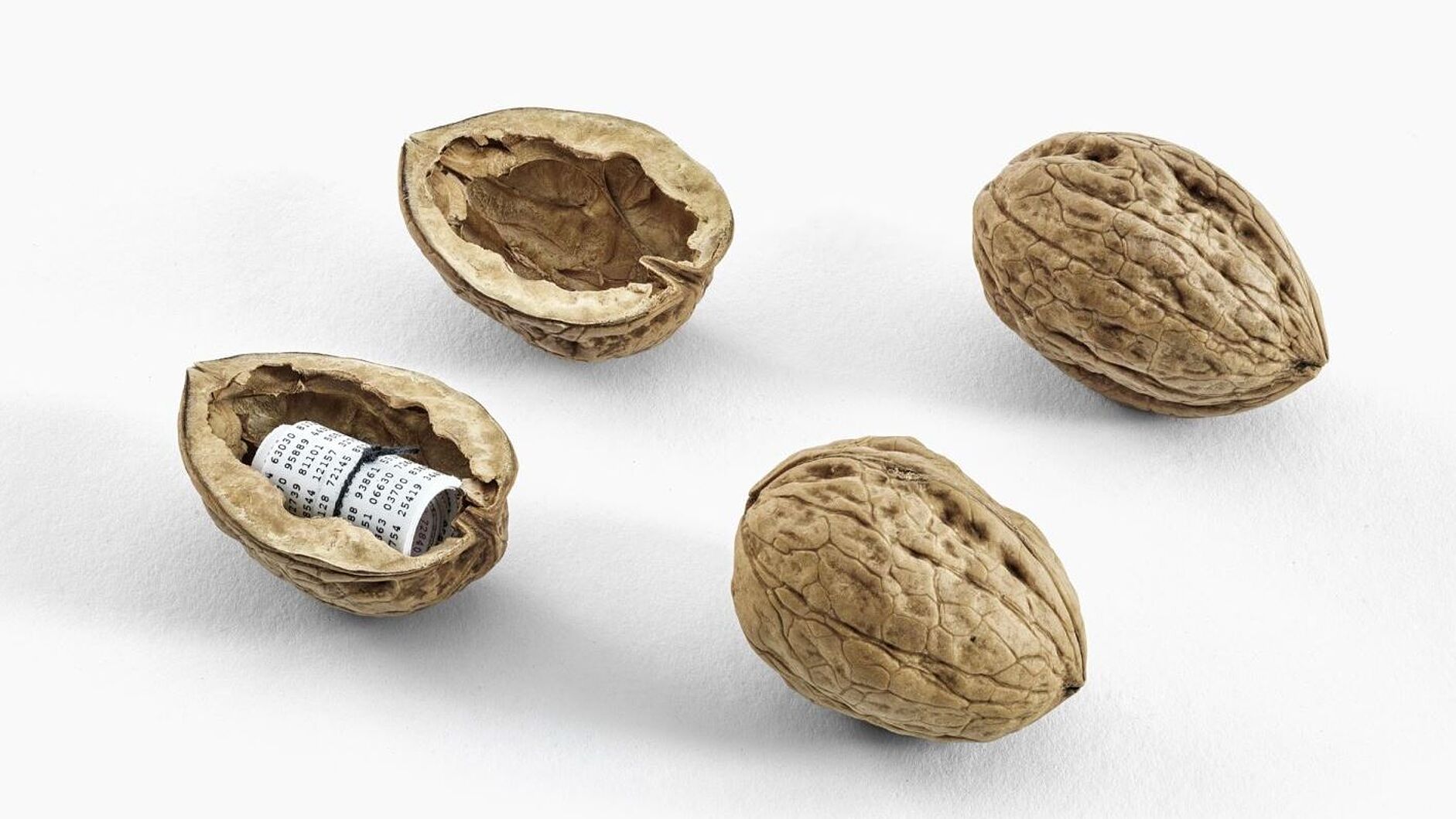 Drei Walnüsse, eine davon geöffnet mit Lochstreifen als Inhalt.