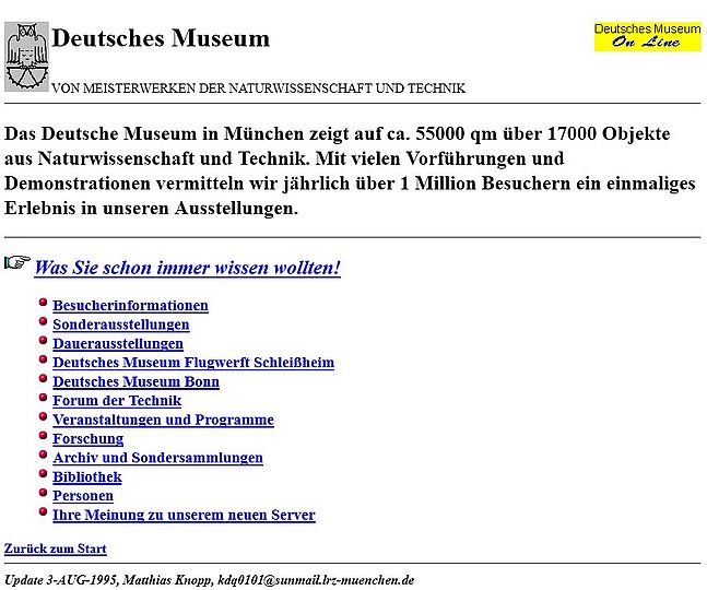 Screenshot der Deutschen Museum Webseite 1995.