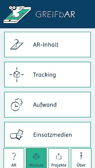 Screenshot der App zeigt die verschiedenen Module "AR-Inhalt", "Tracking", "Aufwand" und "Einsatzmedien". 