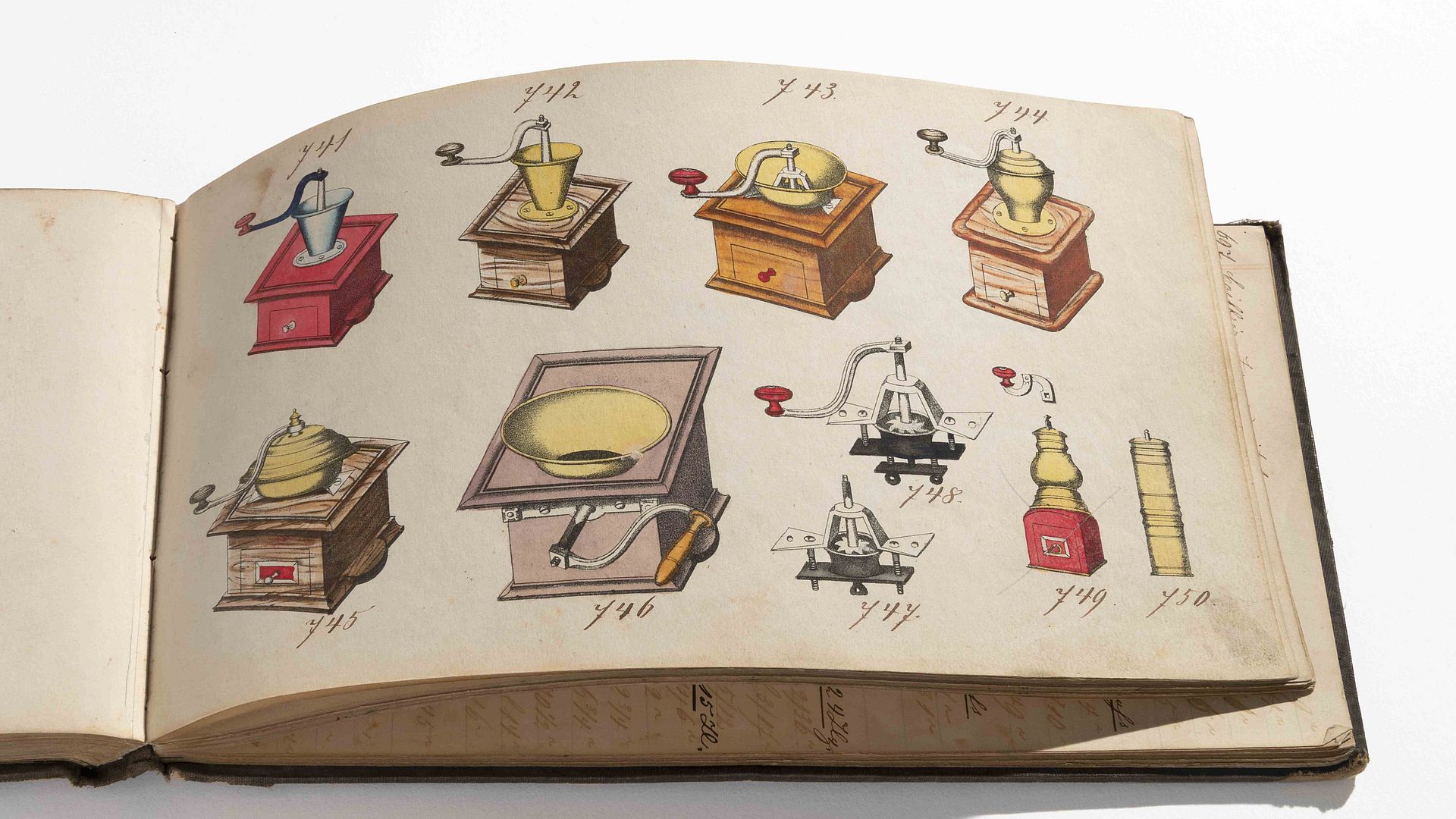 Musterbuch von Kissing & Möllmann mit verschiedenen Typen von Kaffeemühlen, 1855.