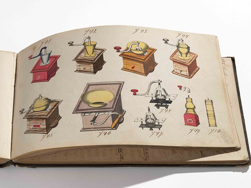 Musterbuch von Kissing & Möllmann mit verschiedenen Typen von Kaffeemühlen, 1855.