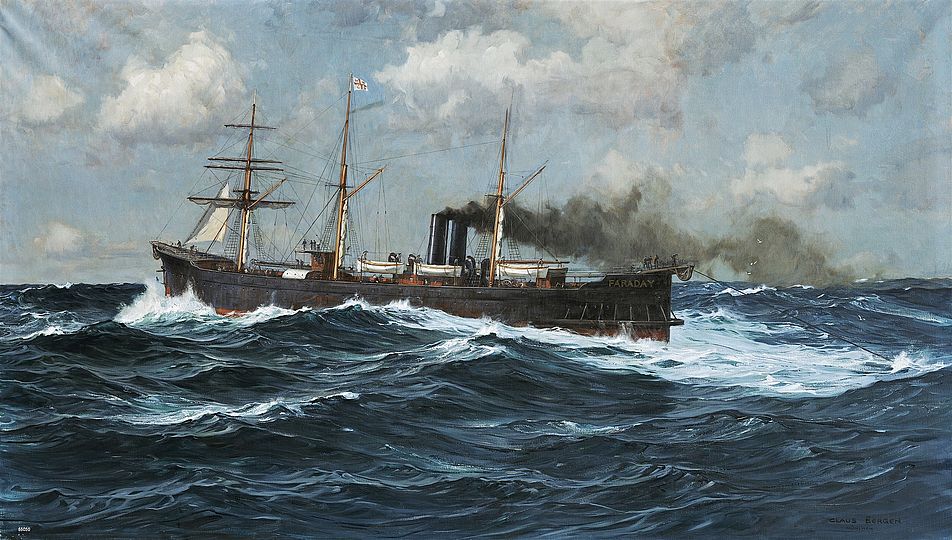 Bild des Malers Claus Bergen zeigt das Verlegungsschiff "Faraday" auf hoher See.