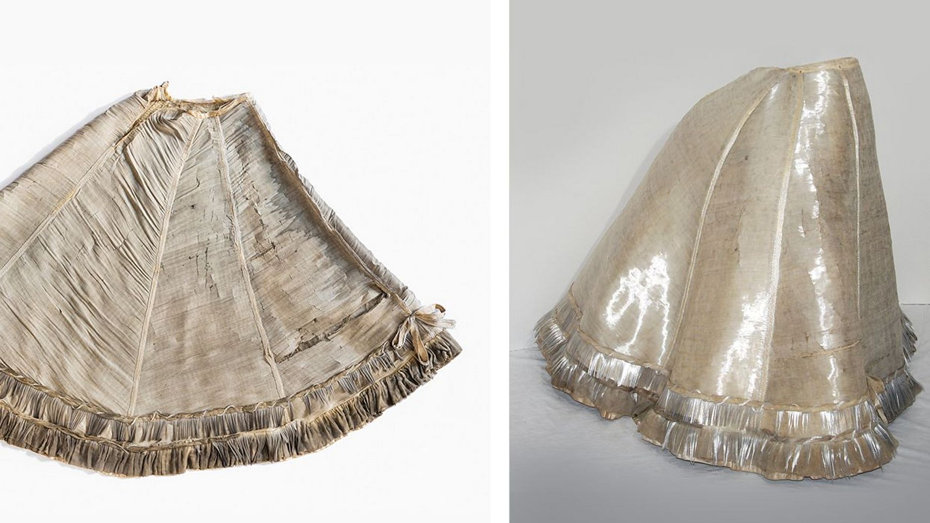 Infantin Eulalia’s Glasfaserkleid links Anfang 2017 und rechts im August 2019.