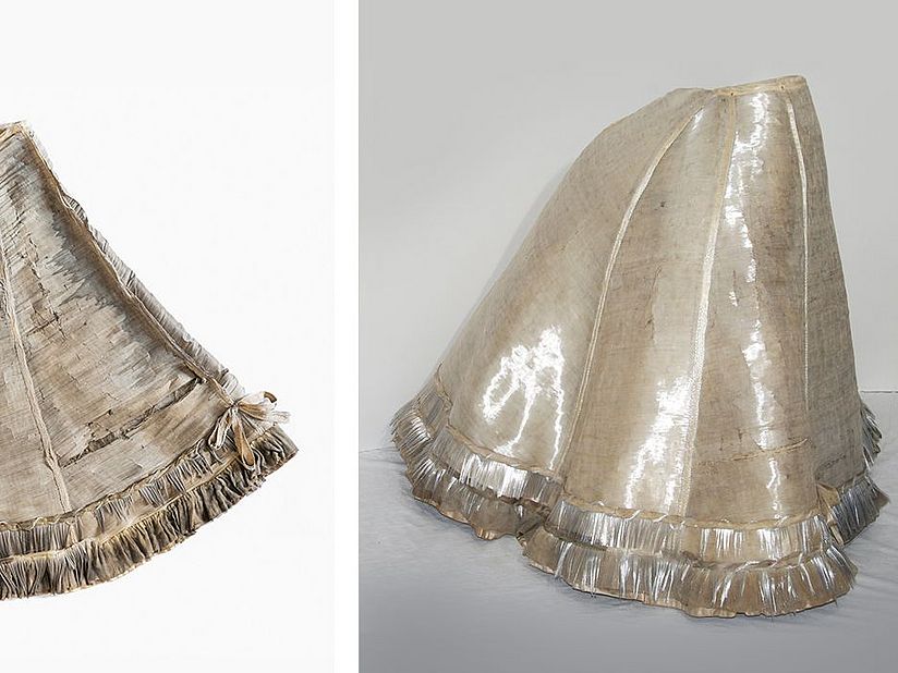 Infantin Eulalia’s Glasfaserkleid links Anfang 2017 und rechts im August 2019.