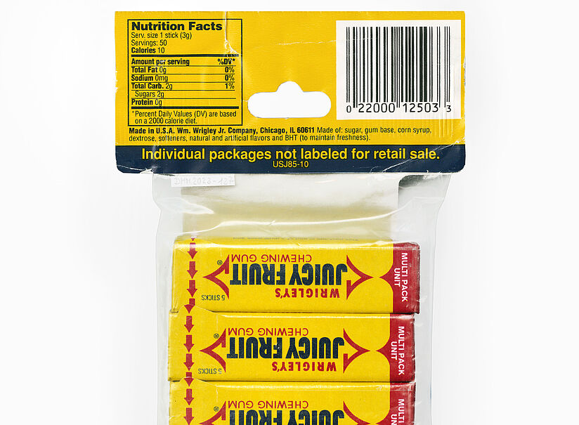 Die Rückseite einer 10er Verpackung "Wrigley