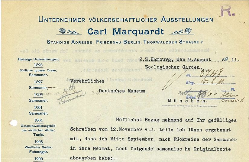 Briefwechsel, Marquardt an Deutsches Museum (Deutsches Museum, Verwaltungsarchiv, Sign. 1984/3).
