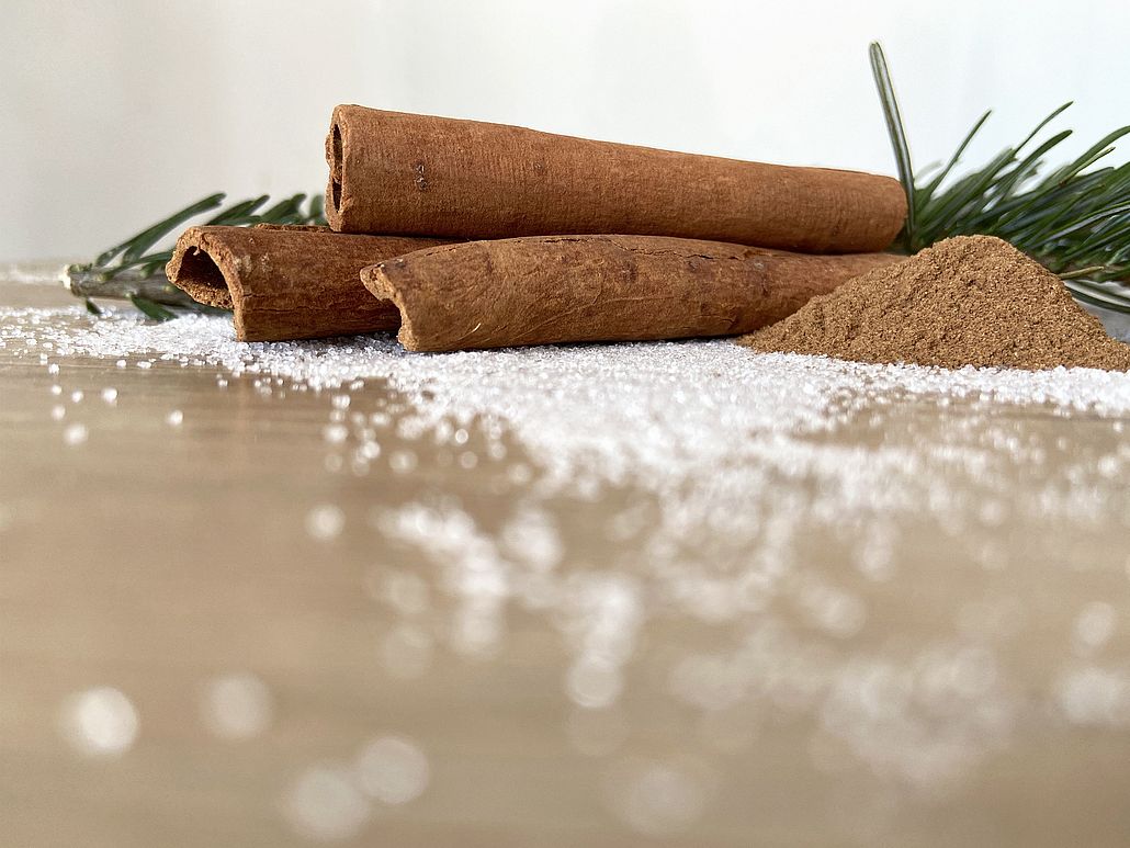 Zimtstangen mit gemahlenem Zimt, Zucker und Tannenzweig