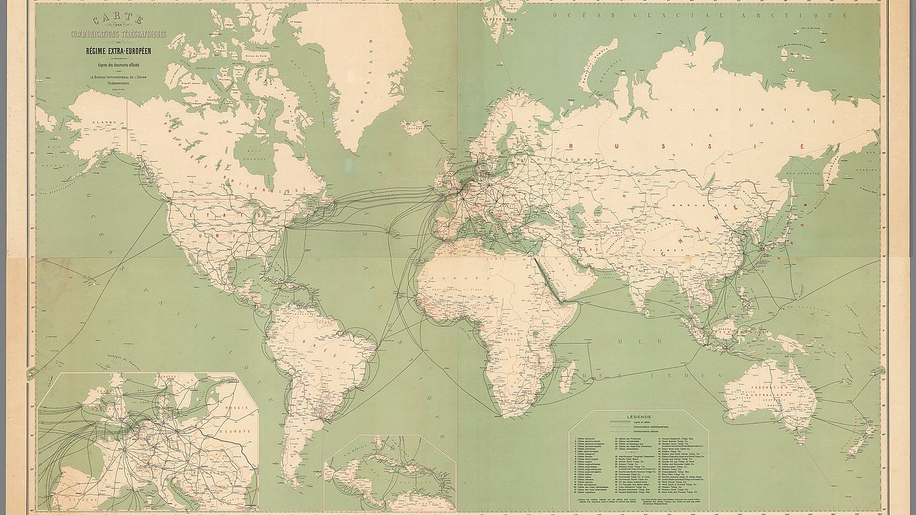 Weltkarte mit den Unterwasser-Telegraphenverbindung.