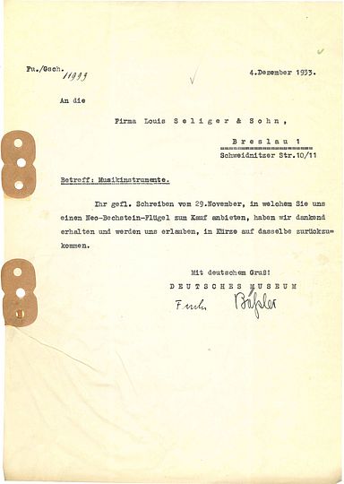 Brief: Deutsches Museum an Louis Seliger & Sohn 4.12.1933 (Deutsches Museum, Archiv, VA 1770/3).