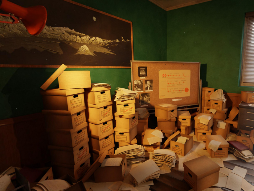 Ein unaufgeräumtes Büro mit vielen Kisten.