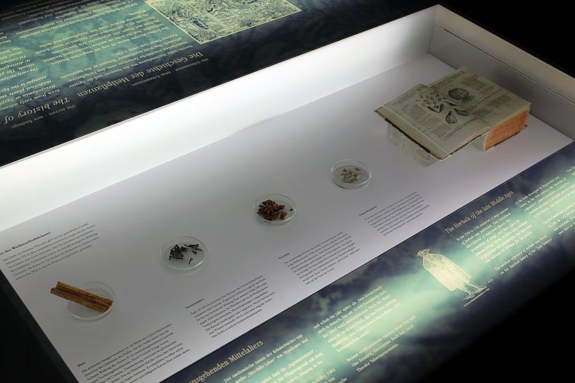 Weihnachtskräuter-Vitrine in der Ausstellung Pharmazie.