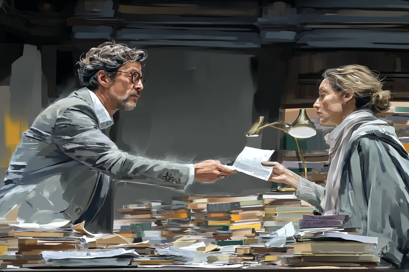 Zwei Personen an einem chaotischen Schreibtisch voller gestapelter Bücher und Papiere, die sich gegenüberstehen und ein Dokument überreichen; beide in Jacken, auf dem Tisch eine goldfarbene Schreibtischlampe und verstreute Notizen.