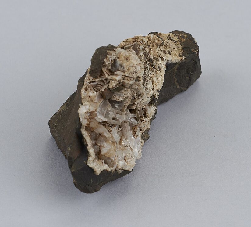 Ein länglicher, dunkelgrauer Gesteinsbruch mit einer geöffneten, hellen Kristallhöhlung; weiße bis beige, schuppenförmige und transparente Quarz-/Mineralkristalle treten aus der rauen Matrix hervor.
