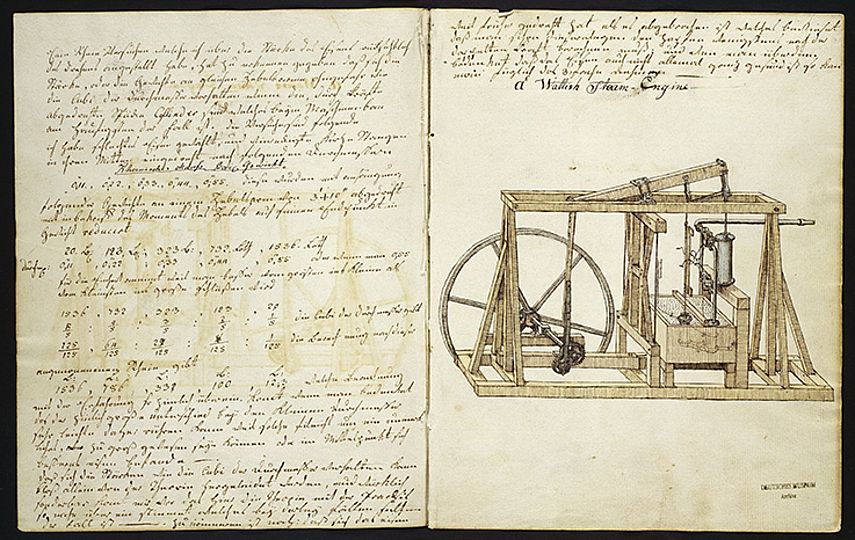Seite des "Spionagetagebuch" mit Abbildung einer Wattsche Dampfmaschine.