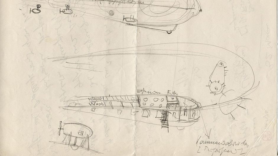 Bleistiftskizze von Erika Mann auf einem Blatt des "Stoffel"-Manuskripts.