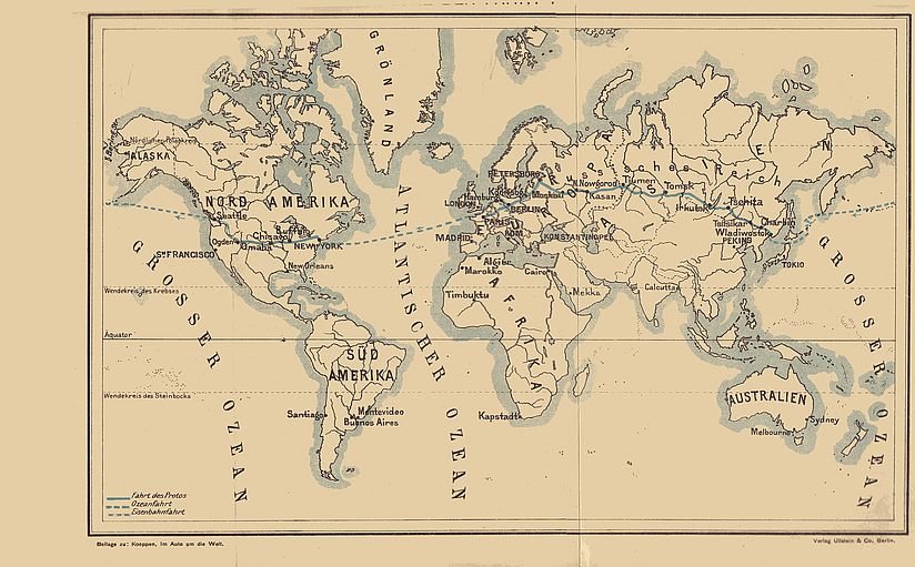 Alte Karte mit Fahrtroute des Protos.