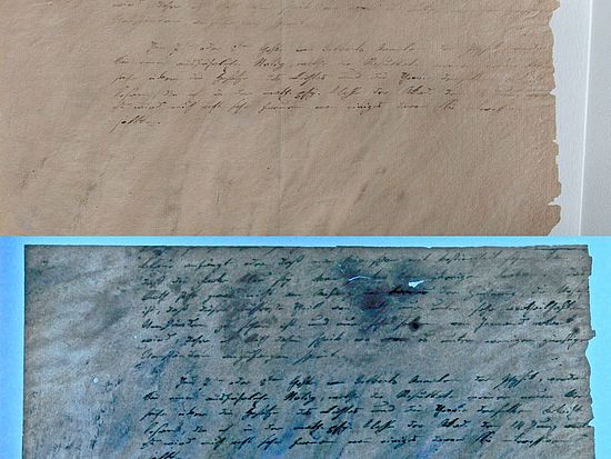 Teil der ersten Seite eines Briefs Frauenhofers im sichtbaren und im ultravioletten Licht