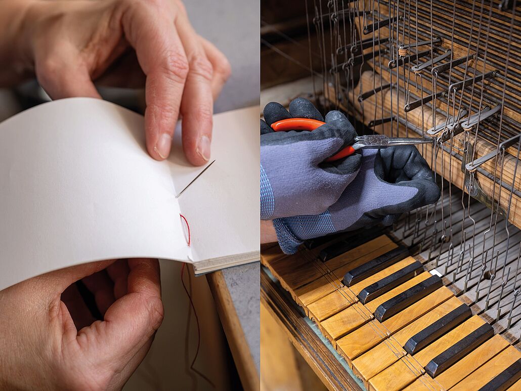 Collage aus zwei Bildern (nebeneinander gesetzt). Links wird ein Buch mit Faden und Nadel gebunden, rechts an der Mechanik hinter der Klaviatur einer Orgel gearbeitet. Beides Nahaufnahmen.