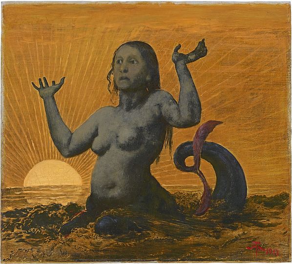 Gemälde: Hans Thoma, "Meerjungfrau", 1913, Öl auf Metallplatte, 41 x 45 cm. Deutsches Museum, Inv.-Nr. 1995-201.