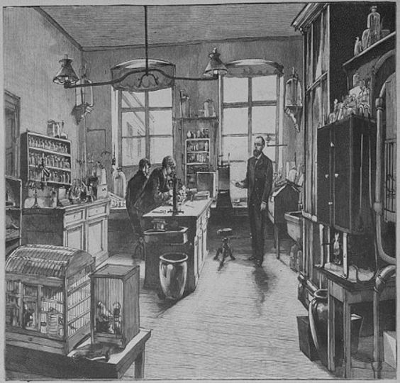 Robert Koch in seinem Labor mit seinen beiden Assistenten Friedrich Loeffler und Georg Gaffky.