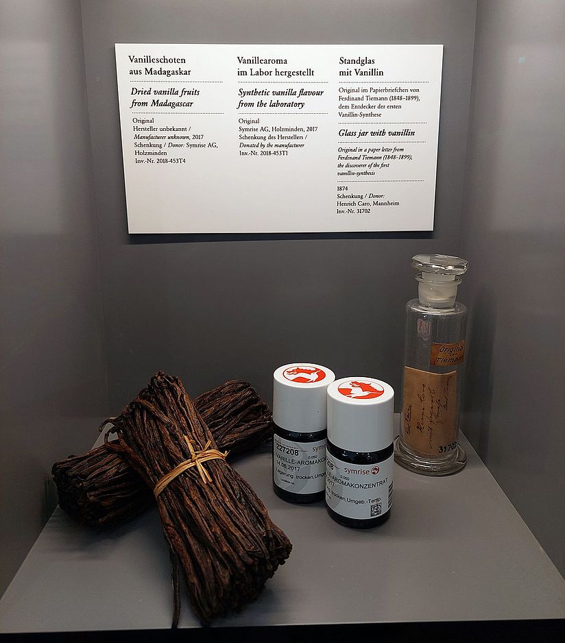 Von der Vanillepflanze bis zum modernen Aromastoff Blick in Ausstellungsvitrine mit Vanilleschoten und modernem Aromastoff.