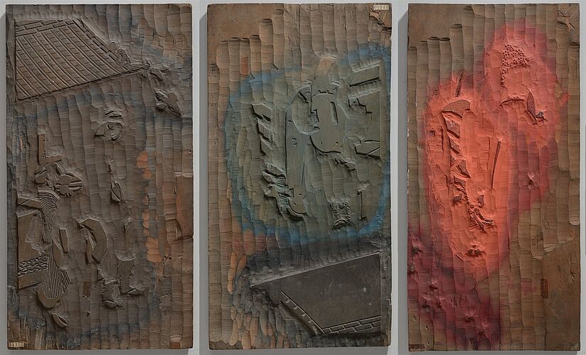 Foto: 3 Farbdruckplatten für einen japanischen Farbholzschnitt, vor 1907. Deutsches Museum, Inventar-Nrn. 11150-11152.