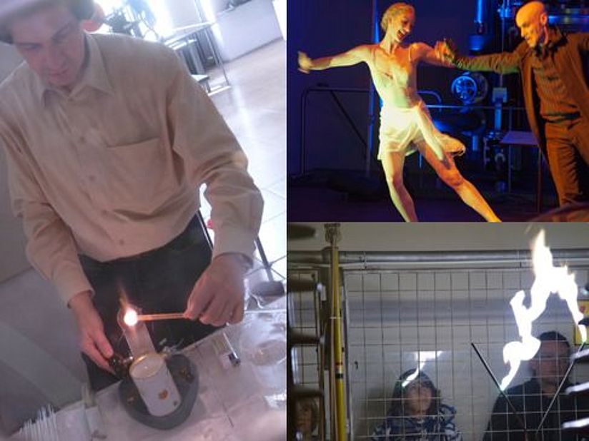 Eine Kollage aus drei Bildern. Links zeigt Glas unter Spannung, rechts oben sind Tämzer zu sehen und rechts unten zeigt die Vorführung der Hochspannungsanlage.