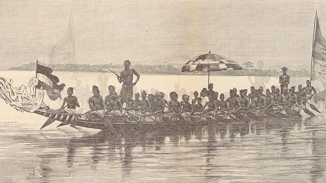 Voll bemanntes Duala-Kanu. Abbildung aus Zöller 1885: Das Flußgebiet von Kamerun.