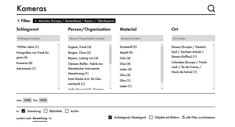 Screenshot des Portals "Deutsches Museum Digital". Ein Beispiel eines Suchergebnisses mit Filtermöglichkeit.