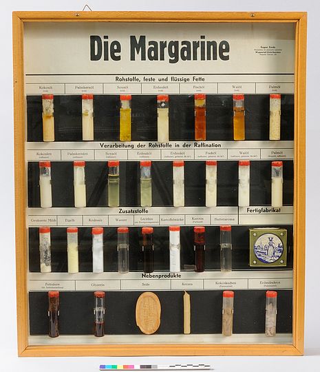 Lehrmittelkasten zur Margarineherstellung, 1950er Jahre.