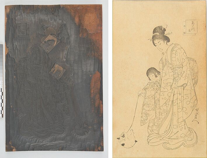 Foto: Herstellungsreihe eines japanischen Farbholzschnitts von Yoshu/Toyohara Chikanobu: Frau und Kind spielen mit einem Kätzchen, 1896: Konturenplatte mit Abdruck 1/24. Deutsches Museum, Inventar-Nr. 36095/36096.