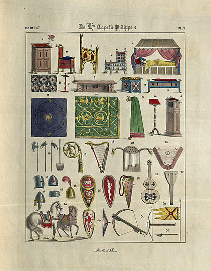 Farbig handkolorierte Drucktafel mit nummerierten mittelalterlichen Möbeln, Textilien und Waffen: oben Betten, Stühle, Truhen und geschnitzte Holzmöbel; mittig dekorative Teppiche, grüner Vorhang und Lesepult; darunter Helme, Äxte, Schilde mit Wappen, Lanzenspitzen, Harfe, Laute und andere Saiteninstrumente; unten zwei Pferde mit reich verziertem Zaumzeug, Armbrust und Banner. Titel oben „De Le Captâ Philippe“ und unten Beschriftung „Meubles & Armes“.