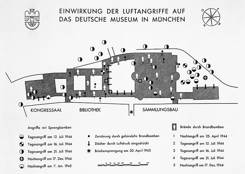 Grafik zeigt die Einwirkung der Luftangriffe auf das Deutsche Museum in München.