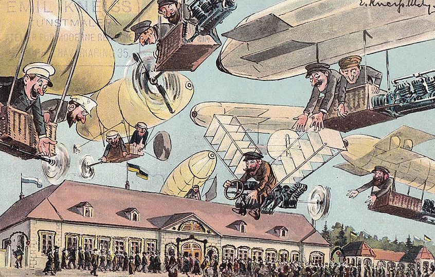 Postkarte von Emil Kneiß. Sie zeigt zahlreiche Luftfahrzeuge über dem Gebäude, in dem zur Fastenzeit das Salvator-Bier ausgeschenkt wurde.