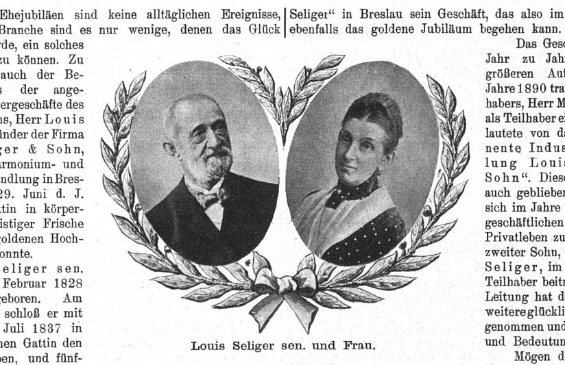 Zeitungsausschnitt: Bericht zur goldenen Hochzeit des Firmengründers Louis Seliger in der Zeitschrift für Instrumentenbau vom 1. Juli 1906.