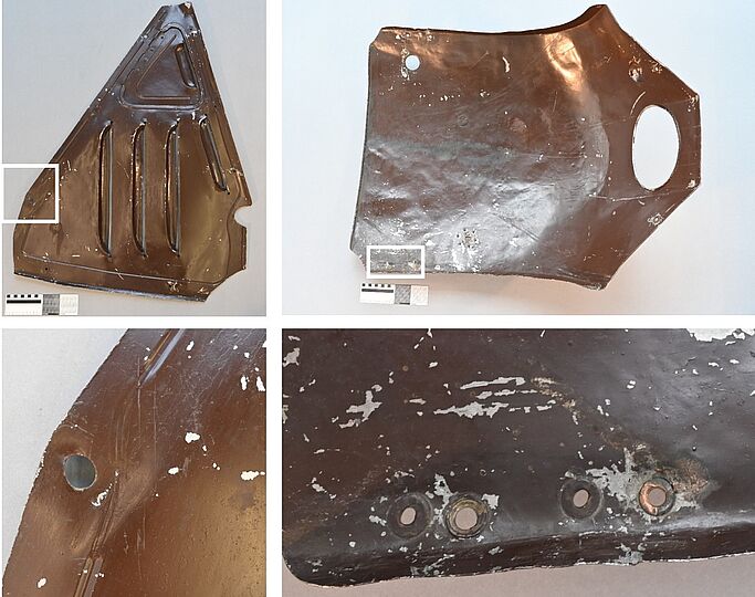 Four-panel composite photo showing a brown-painted, triangular metal aircraft panel with surface scratches, paint chips and four rivet holes.