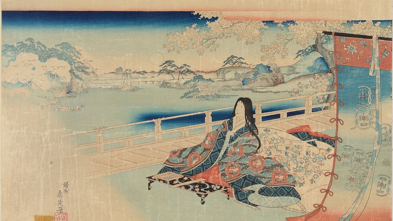 Farbholzschnitt von Yoshu/Toyohara Chikanobu: Malende Dame vor einer Flusslandschaft., vor 1906. Deutsches Museum, Inventar-Nr. 22069.