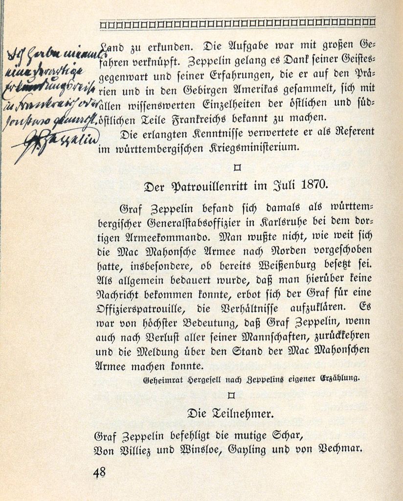 Handschriftliche Anmerkung des Grafen Zeppelin.